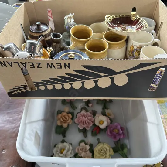 Bin of flowers and box lot