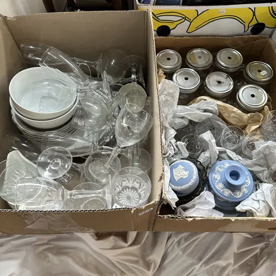2 box wedgewood and glassware etc