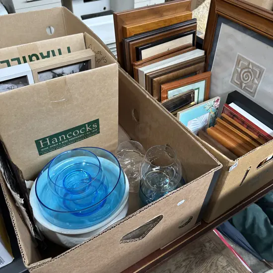2 box frames and glassware
