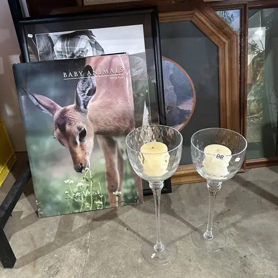 Large candle sticks, book and pictures
