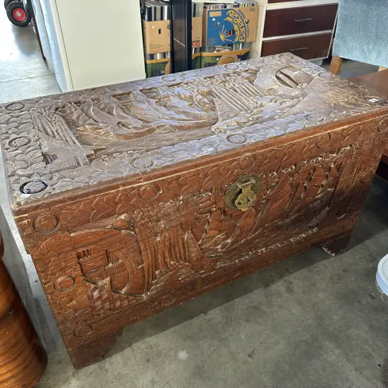 Camphor wood blanket box- some damage to back of lid