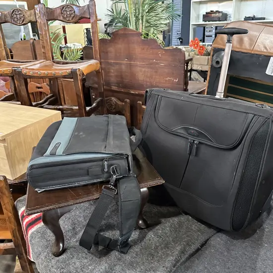 Travel suitcase & computer bag, plus small wooden stand