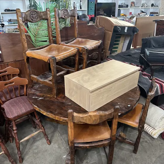 Adze Pine table with  domed leather table chairs