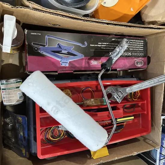 2 boxes, roller lead, Tool box , car jack etc