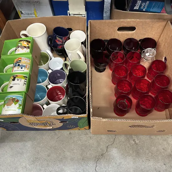 2 boxes glassware and mugs