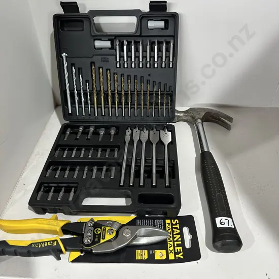 Drill bit set, snips , hammer