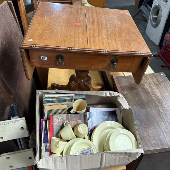 Dropleaf side table and box lot