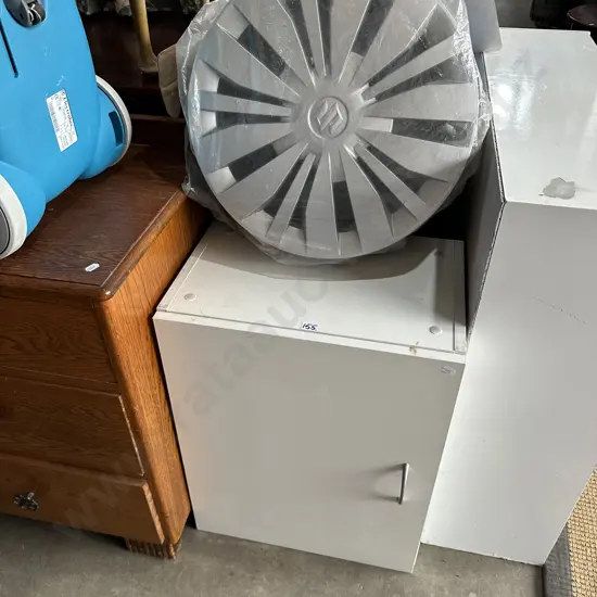 Cupboard, wheel covers and file cab