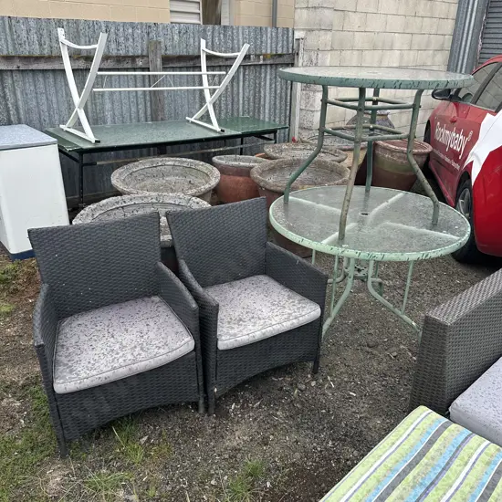 2 outdoor tables plus 2 x Pr of outdoor chairs