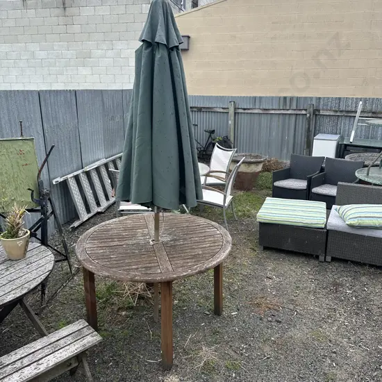 Wooden outdoor table and umbrella