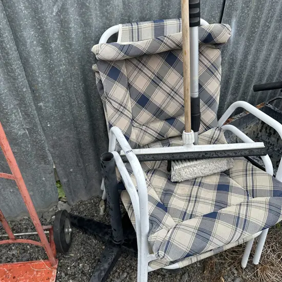 2 chairs, scrubber  hose attachment and umbrella stand