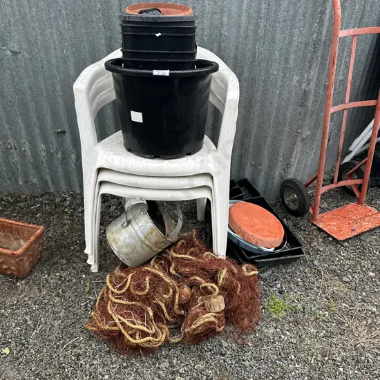 Fishing net, chairs and planters