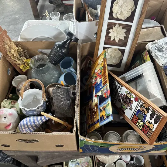 2 box lots clock, tiles, flower art, pottery etc