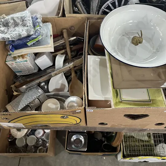 2 box brass rabbit, enamel dish, pottery etc