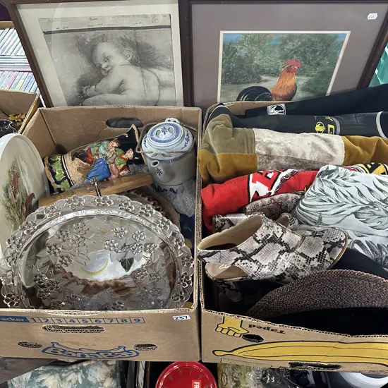 2 box lots pottery, glass platter, teapot, throws, hats etc