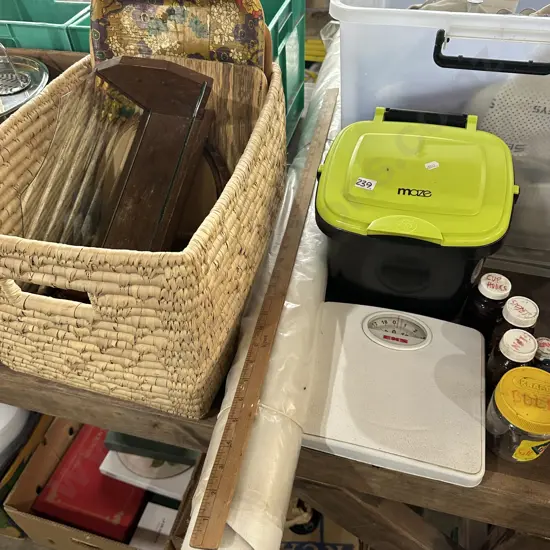 Vintage fruit bowl, wicker basket, bin, scales, hardware etc