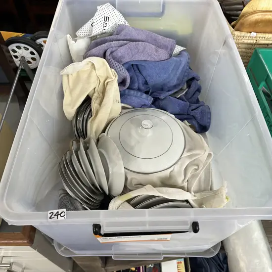 Large bin of dinner set
