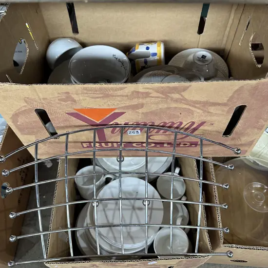 2 boxes dinnerware, modern fruit bowl etc