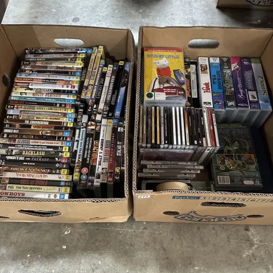 2 box DVDs, CDs, VHS