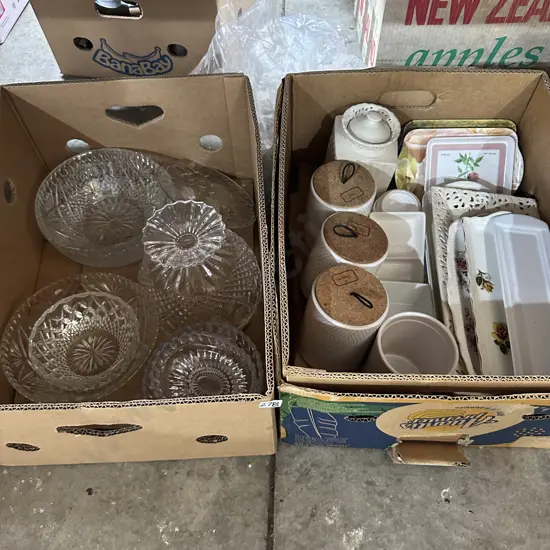 2 box cut glass, pottery etc
