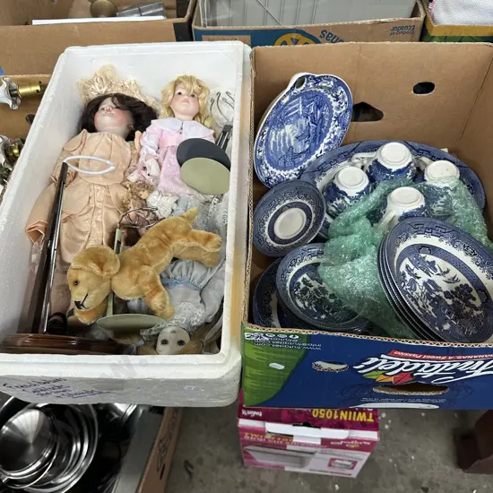 Blue white china and Dolls