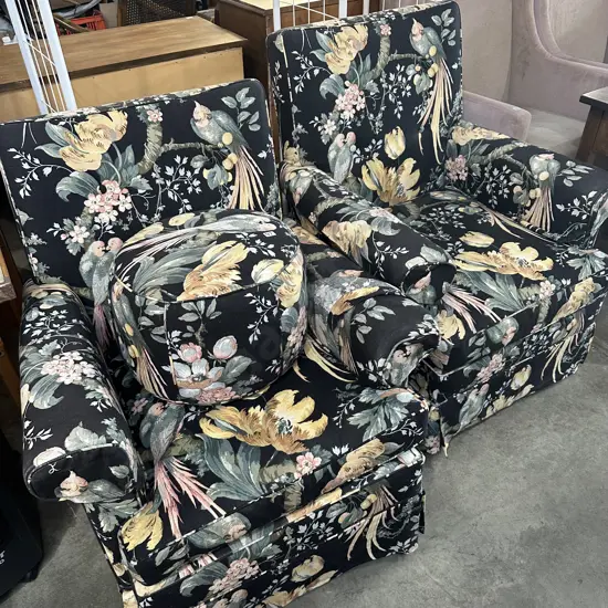 Pr floral lounge chairs and foot rest