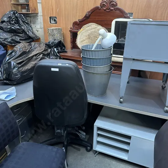 Corner desk, mobile, bins, lamp, 2 rolling files, ring binder machine and 2 office chairs