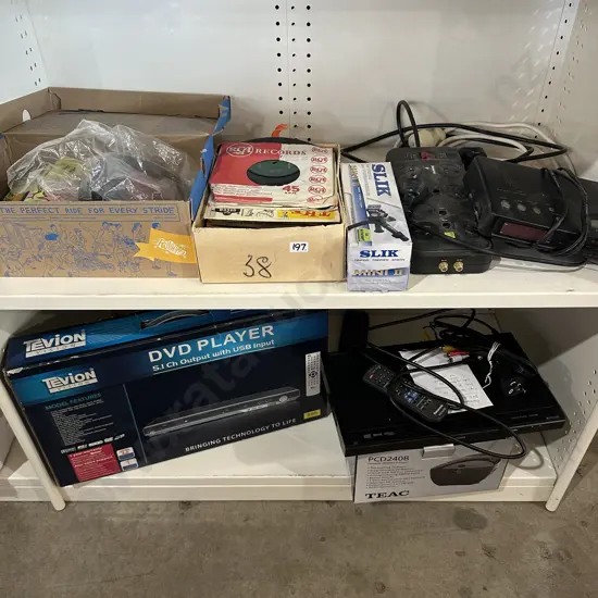2 shelf lots DVD players, 45s etc