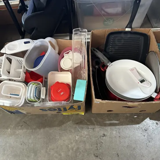2 box tupperware,&  pans etc