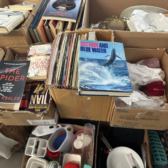 3 box glassware, LPs, and books