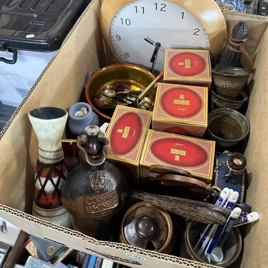 Clock , collectables inc Cobans wine pottery