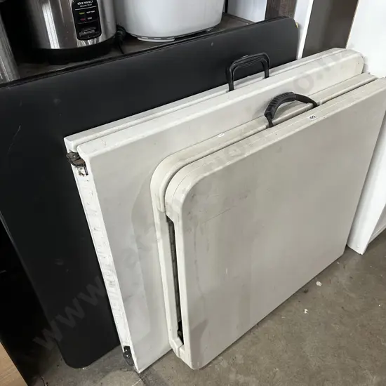 Square table and 2 folding trestle tables