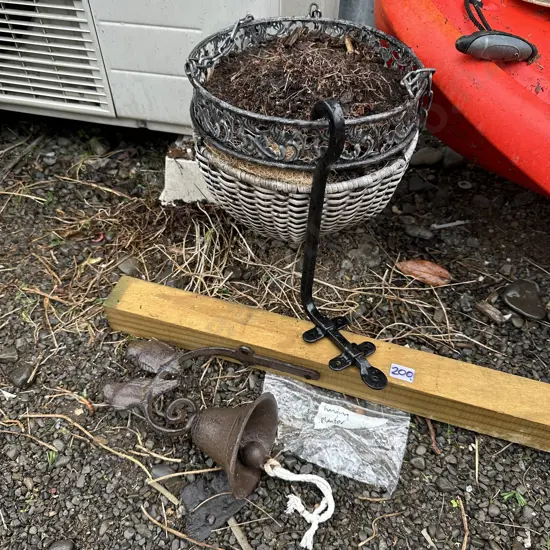 Bell on post and hanging planter