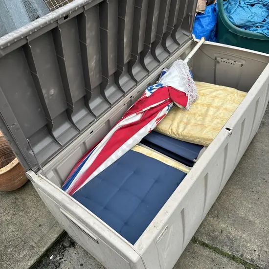 Storage box with outdoor chairs etc