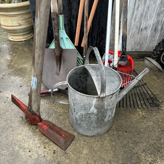 Garden tools, mops, pick, water can etc