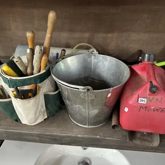 Bucket, garden caddy, petrol can and sprayer