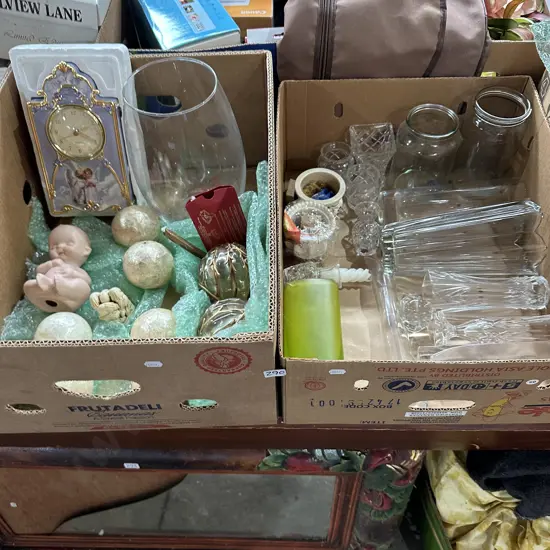 2 boxes clock, glass vases etc