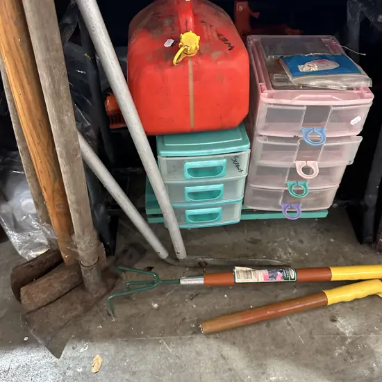 Axes, grubber, plastic drawers etc