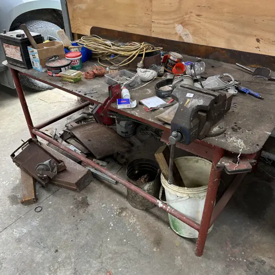 Metal workbench & vice plus content on and below