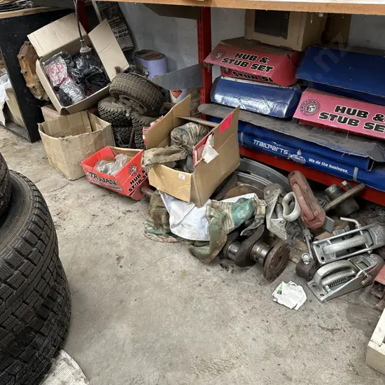 New and used trailer parts plus trolley wheels etc (under shelving unit)