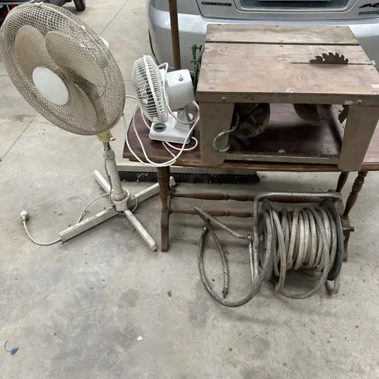 Bench top saw bench , air hose etc