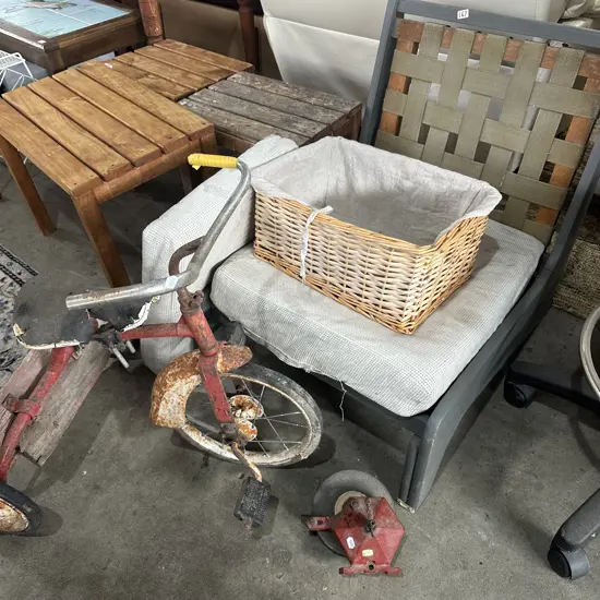60s webbed back low chair, trike, basket and grindstone