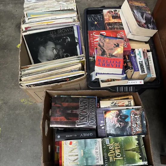3 boxes LPs and books