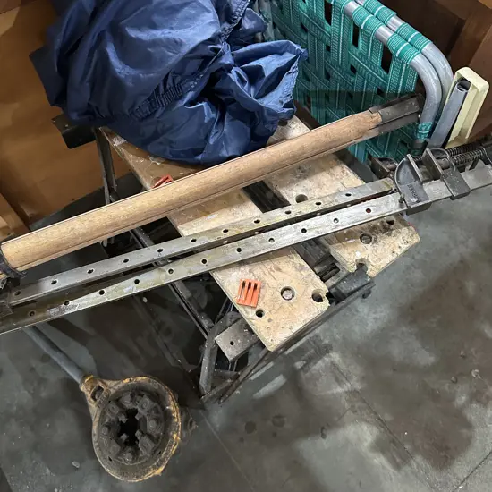 Pr sash clamps, large tool, work bench, tripod, deck chair