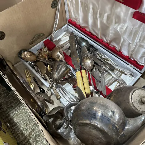 Large cased cutlery set plus silverware