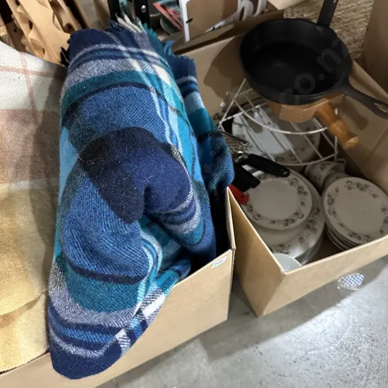 2 boxes blankets, cast pan and dinner set etc
