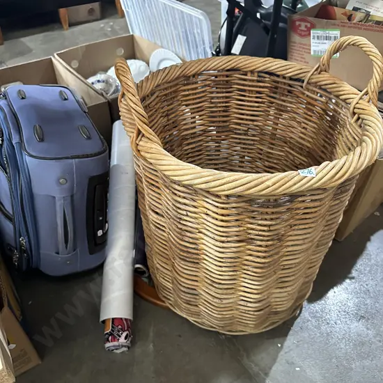 Wood basket, rope, new table legs , suitcase, posters