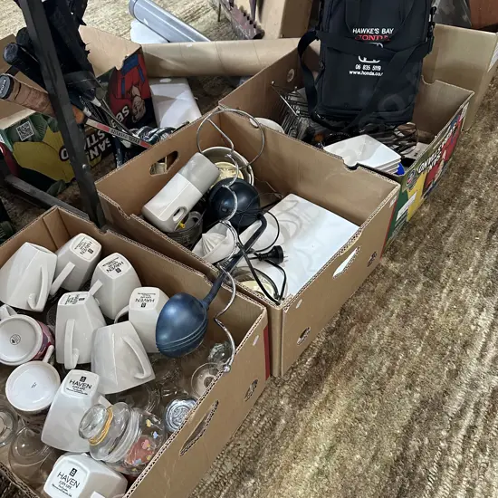 3 boxes dinnerware, kitchenware, etc