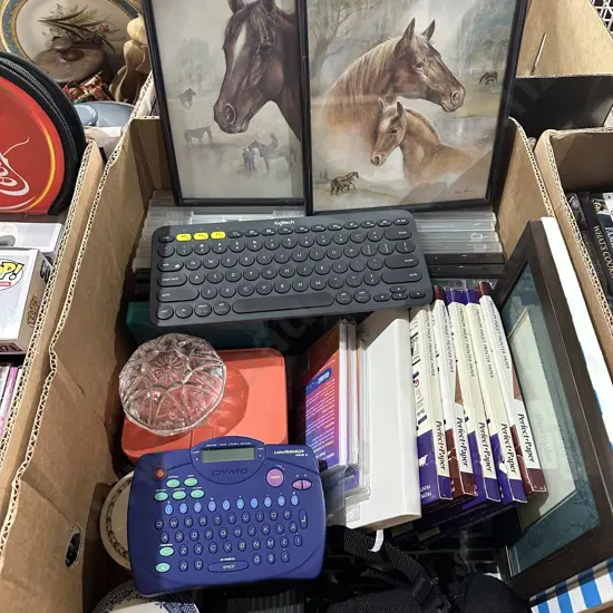 Dymo, keyboard, pictures, printer paper etc