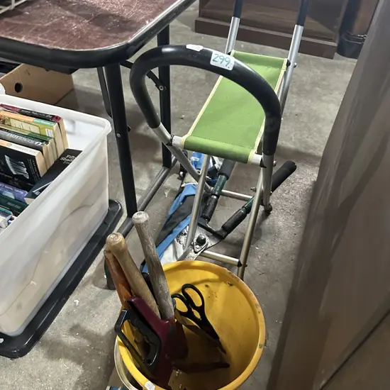 Spots chair, umbrella and garden tools